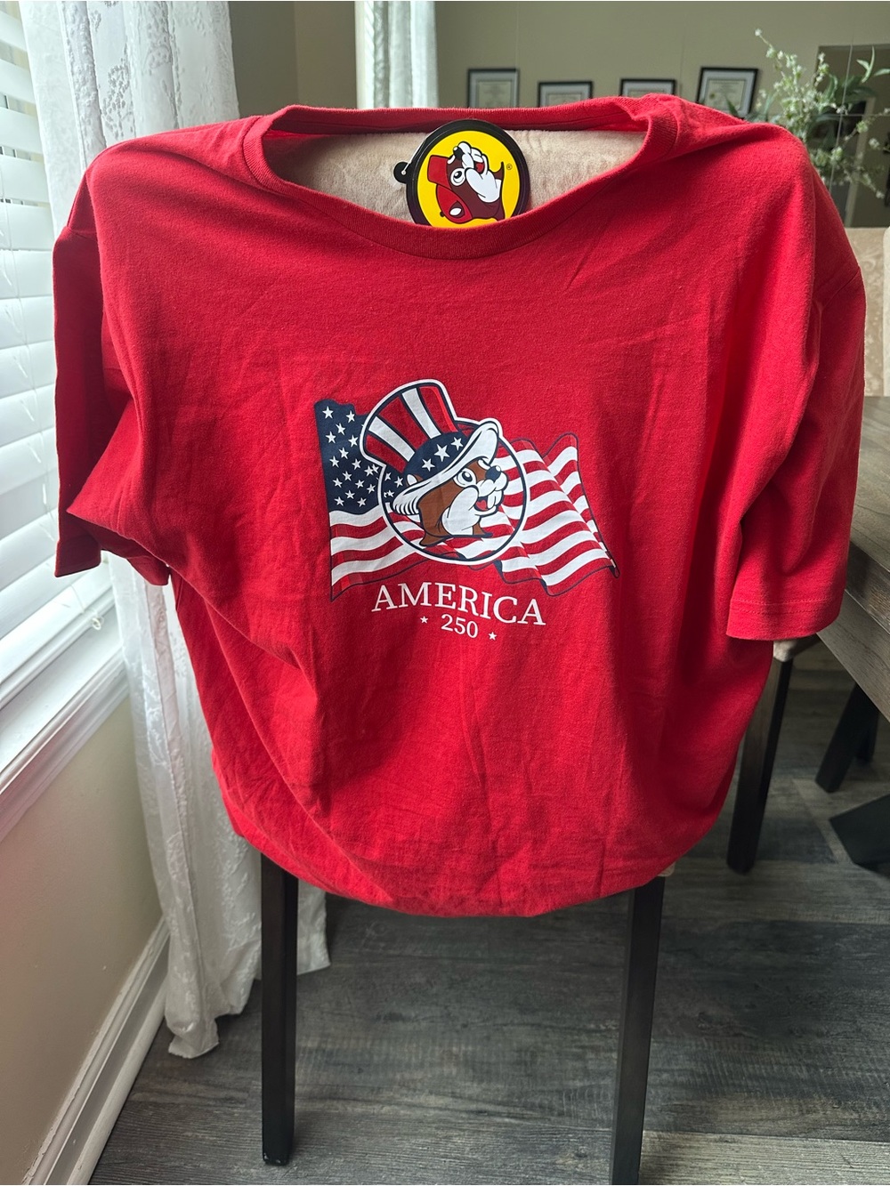 Buc-ee's Red 'America' Graphic T-Shirt with Flag & Mascot